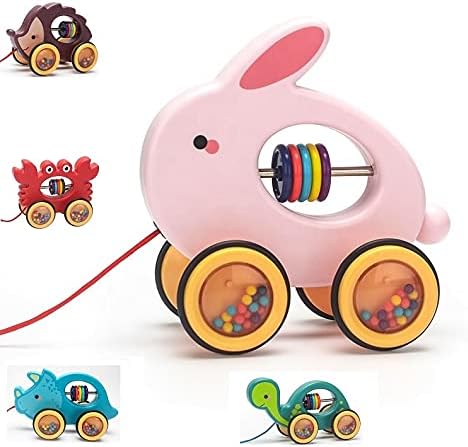 Pull Along Rolling Animal Toy [Updated Design-Without Beads in Wheels]- 12 Months and Up Push & Pull Toys (Rabbit) Easter Bunny