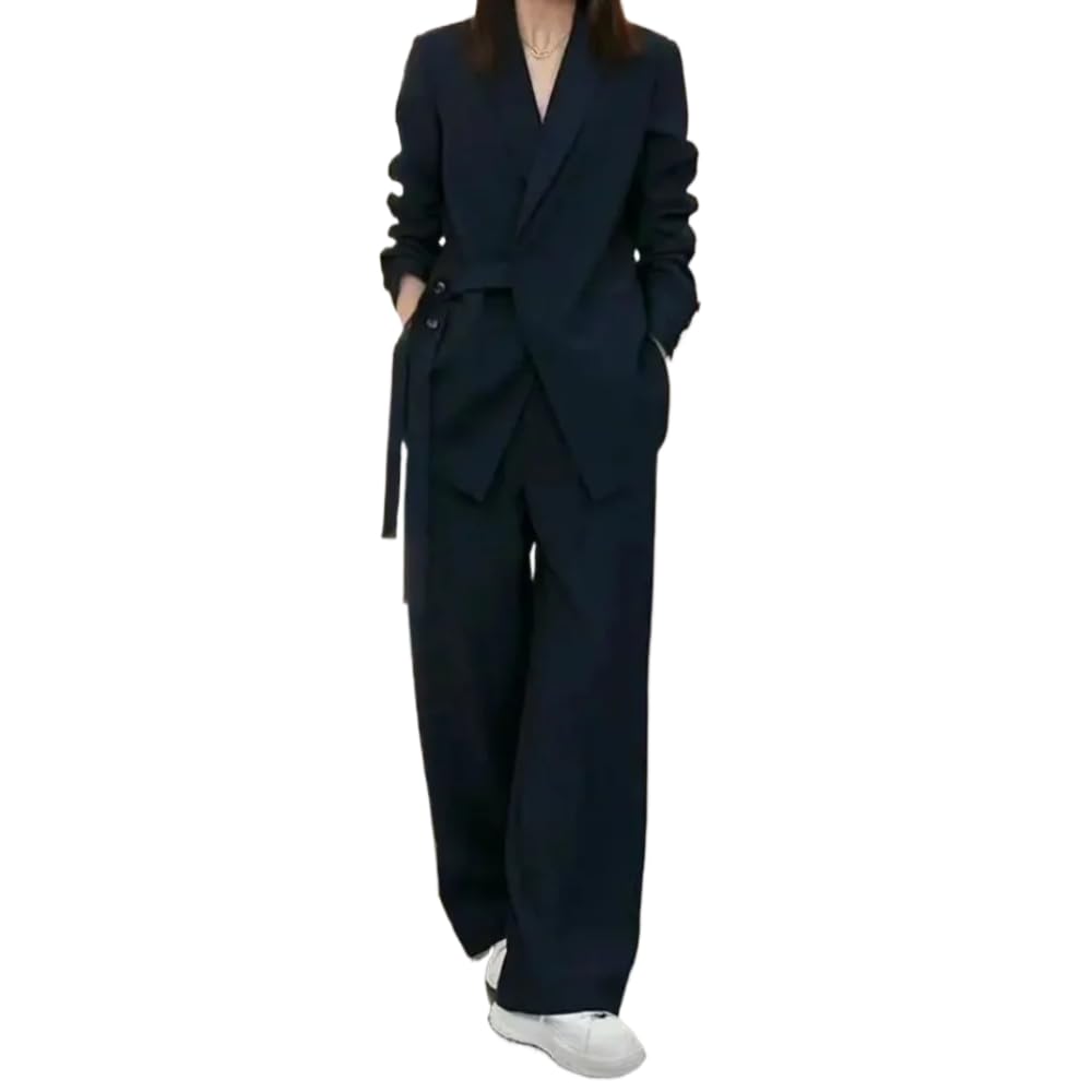 Womens Spring Fall Solid Loose Coat Business Suit Set Long Blazer with Belt Professional Pants Outfits
