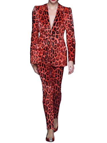 Platlogy Velvet Two-Piece Leopard Print Blazer & Pants Suit