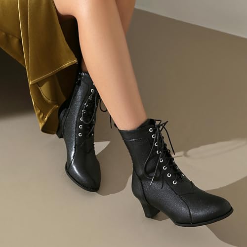 Uniquelly Women Vintage Victorian Boots Kitten Heel Lace Up Ankle Boots 70s Witch Granny Booties Side Zipper Round Toe Victorian Shoes4