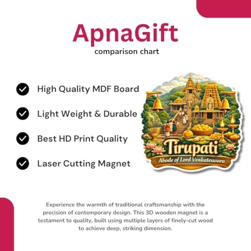 Image of Apna Gift Wooden Fridge Magnet Sticker for Refrigerator Door | Multipurpose Office Magnet for Home Kitchen Decor | Souvenir Gift Travel Memory Fridge Decoration | 4 x 3 Inch Wooden Magnet (Tirupati)