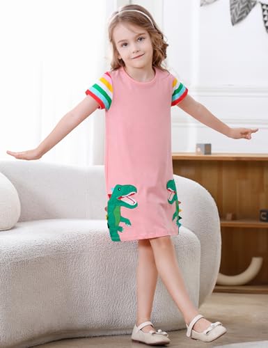 Image of Hongshilian Little Girls Cotton Casual Dress Cartoon Print T-Shirt Short Sleeve Skirt Dresses
