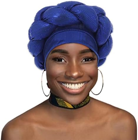 Woeoe African Turban Head Wrap Navy Blue Braid Beanie Cap Headwear Crystals Twisted Head Turbans for Women and Girls (blue)