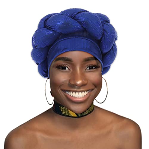 Woeoe African Turban Head Wrap Navy Blue Braid Beanie Cap Headwear Crystals Twisted Head Turbans For Women And Girls (Blue) #TOP2