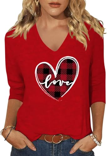 Image of Womens 3 /4 Sleeve V Neck Valentine T Shirts Love Heart Printed Graphic Tee Tops