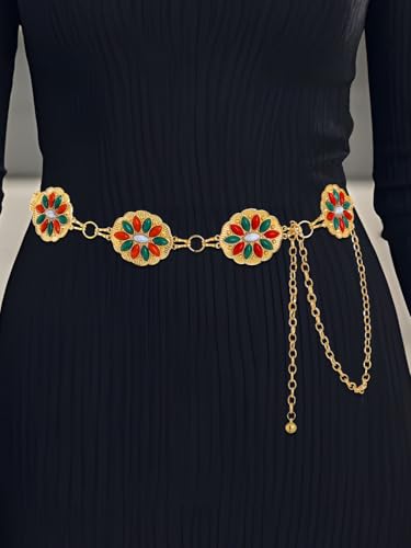 Navoky Christmas Concho Turquoise Belt Women Cowgirl Western Waist Chain Gold Country Adjustable Belly Chains for Dress4