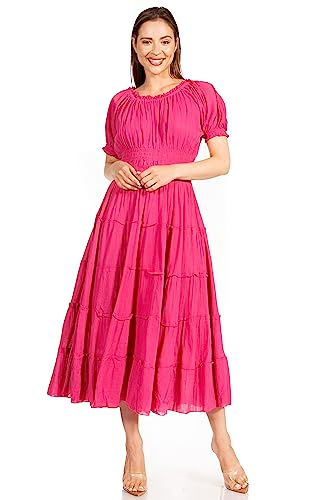 Image of Sakkas Cotton Crepe Smocked Peasant Gypsy Boho Renaissance Mid Length Dress