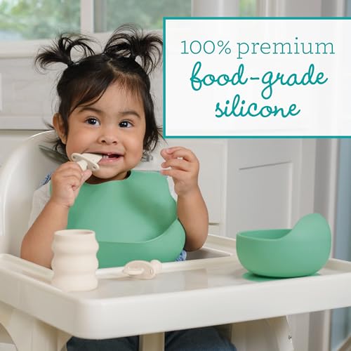 Infantino Baby Led Weaning Kit, 5-Piece Essentials Set - Includes Silicone Bib, Suction Bowl, Training Cup & Spoons, BPA-Free & Top-Rack Dishwasher Safe, Cream & Spearmint2