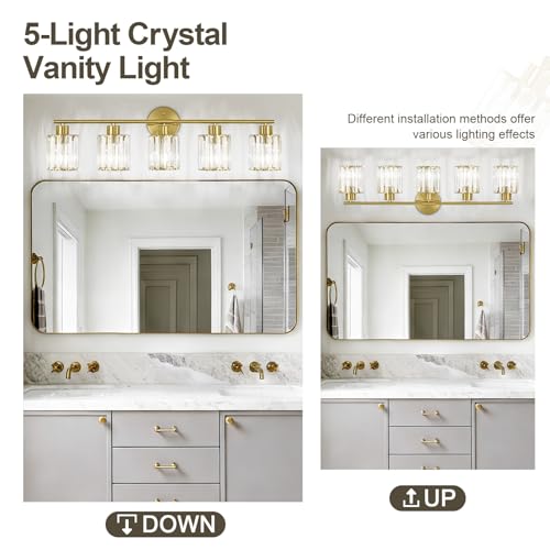 Image of Modern Gold Crystal Bathroom Light Fixtures,5-Light