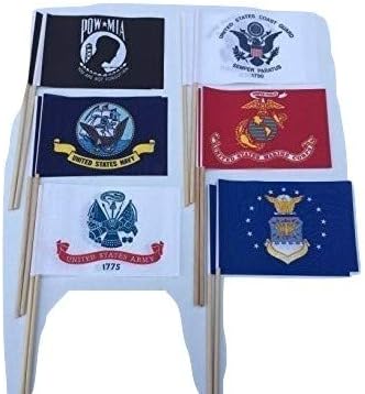 WINDSTRONG 2 of Each 4x6 Inch All Military Branches Army Navy Marines Coast Guard Air Force and POW MIA Held Stick Flags Made in The USA