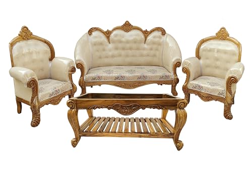 Image of Wooden 5 Seater Sofa Set with Center Table | 3+1+1 | Solid Wood Hand-Carved White Sofa with Traditional Design Furniture for Living Room | Home | Office