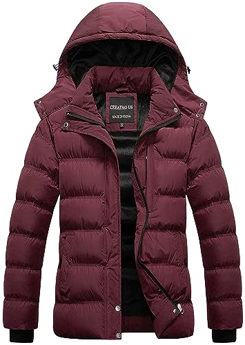 CREATMO US Women's Juniors Cute Warm Winter Coat Thicken Puffer Jacket Quilted Parka With Hood Burgundy S