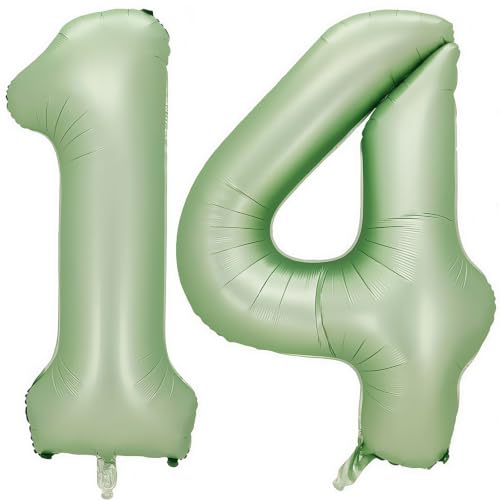 Image of Sage Green Number 14 Balloon,14 Balloon for Birthday Party Decorations | 14 Number Balloon,40 Inch 14 balloons,Helium-fillable,14 Foil Mylar Balloons,for Boys Girls Birthday Party Decorations