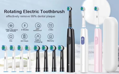 Electric Toothbrush Rotary Rechargeable for Adults Rotating Toothbrush with Soft Brush Heads Deep Clean Electric Toothbrush with 2 Minute Smart Timer IP67 Waterproof (White, 4 Heads) - Image 8