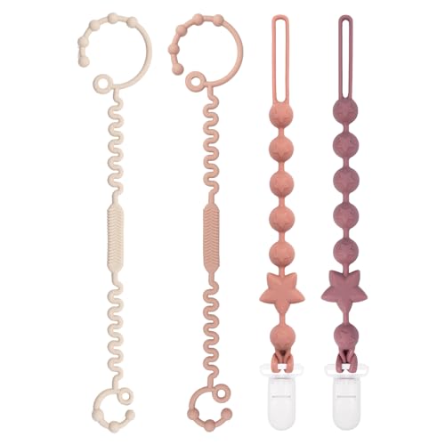 Image of Babygoal Silicone Pacifier Clips 4 Pack,2pcs Pacifier Holder Clip with 2pcs Strap Chain for Baby Boy Girl Fits All Pacifier,Binky,Teething Toys,Highchairs,Car Seat,Strollers-Neutral Color