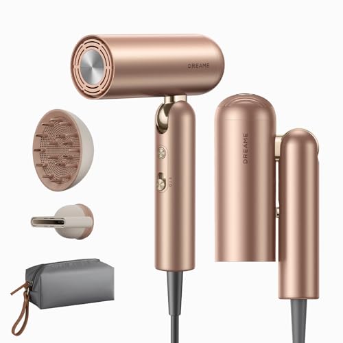 DREAME Pocket Pro Hair Dryer, Dual Voltage Travel Blow Dryer with Diffuser, 1300W Professional HighSpeed Ionic Hair Blower, Fast Drying, Low Noise, Lightweight, No Heat Damage, Global Travel