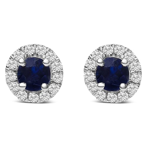10K White Gold 3.25mm x 3.25mm Round Blue Sapphire and 1/10 Cttw Diamond Halo Stud Earrings (I-J Color, I1-I2 Clarity)