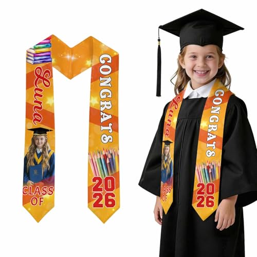 Jaydouble Custom Kids Graduation Stole ：Made in USA,Personalized Class of 2026 Grad Sash with Name & Photo for Boys Girls Kindergarten，Primary School, Junior High School，Funny Graduation Gifts