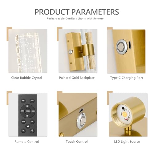 Image of Battery Operated Wall Sconces Set of 2, 20000mAh Rechargeable Wall Light | Remote Control 3000K-6000K Dimmable LED Wireless Sconces,Gold,15.6 Inch