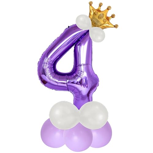 Image of Purple 4 Number Foil Balloon with Crown & Base Balloons | 32 Inch Helium Supported for Birthday, Anniversary, Baby Shower Decoration - Pack of 14