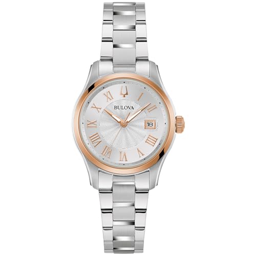 Bulova Ladies Classic Wilton 3-Hand Quartz Silver and Rose Tone Stainless Steel Case Watch, Silver Stainless Steel Bracelet, White Dial Style:98M136