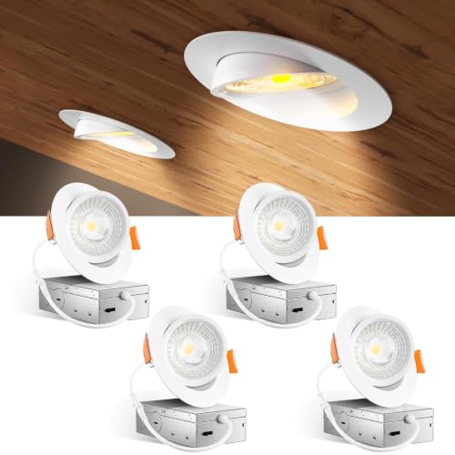 Amico 4 Pack 4 Inch 5CCT Gimbal LED Recessed Lighting 360&90 Adjustable Eyeball Directional Downlight Dimmable 2700K/3000K/3500K/4000K/5000K Selectable CRI90+ 9W 700LM ETL&FCC