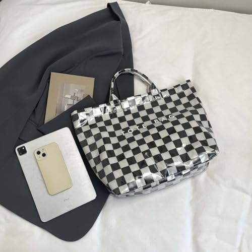 Image of Lushandy Striped PVC Tote Bag for Women, Waterproof Plastic Tote Bag for Beach Pool Large Top Handle Travel Hobo Handbag | Waterproof Material