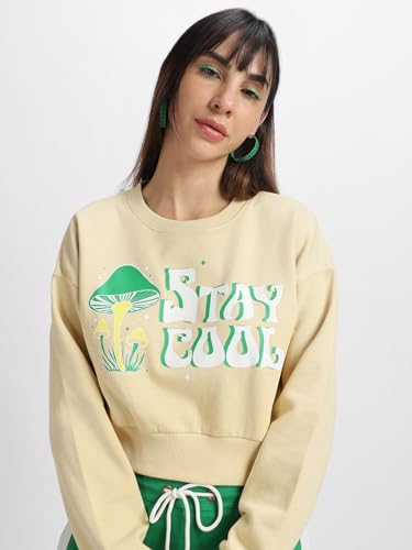 Image of JUNEBERRY Cotton Poly Fleece Regular Fit Beige & Black Graphic Print Full Sleeve Sweatshirt for Women