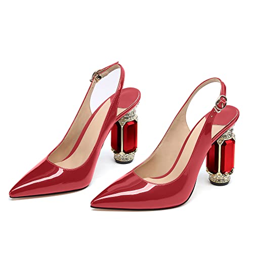 Image of JANSEVEN Women Chunky Heels Pumps Crystal Block Heels with Rhinestones Pointed Toe Sexy Gradient Patent Leather Slip on Bridal Party Wedding Dress Shoes 5-13 M US