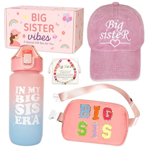 Big Sister Gifts for Girls 4 Piece Set with Cap Bum Bag Water Bottle & Bracelet Sweet Big Sister Gifts for Little Girls