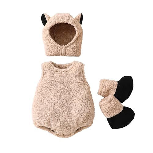 Dobeiokal Baby Girl Boy Halloween Costumes Newborn Halloween Costume Plush Sleeveless Romper Hat Shoes Cute Unisex Baby Cosplay Outfit(A-Khaki Lamb 3-6 Months)