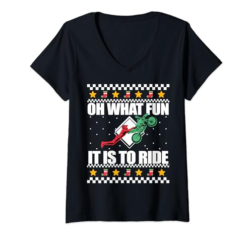 OH CHE DIVERTIMENTO È GUIDARE Dirt Bike Ugly Xmas Sweater Meme Maglietta con Collo a V