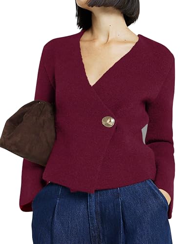 Image of Anoumcy Asymmetric Button Up Cardigans Sweaters for Women Elegant V Neck Knit Cropped Sweater Tops 2024 Fall Outfits Trendy