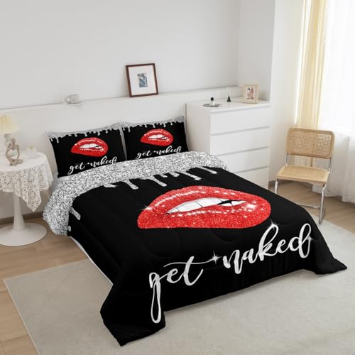Image of Feelyou Red Sexy Lips Bedding Set Full, Diamond Get Naked Comforter Set Glitter Lips Comforter for Kids Toddler Funny Get Naked Duvet Set 3Pcs Reversible