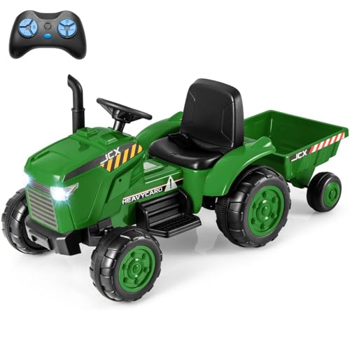 GYMAX Kids Ride On Tractor and Trailer, 12V Battery Powered Car with Remote Control, Wireless Connection, MP3, USB, Music&Spring Suspensions, Children Electric Car for 3-8 Years Old (Dark Green)