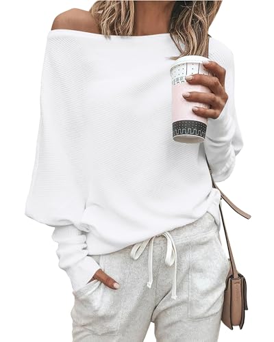BUNSLOOM Damen Fledermausärmel Oberteil Schulterfrei Lose Pulli Tops Oversize Langarm Sweatshirt Lässig Elegante Oberteile Weiß M