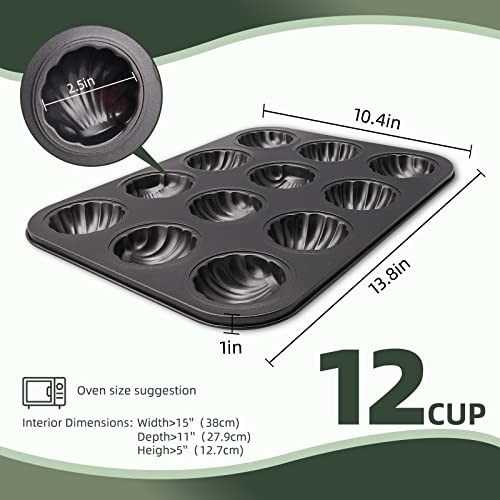 Siken 2Pack Nonstick Madeleine Pan,12-Cups Heavy Duty Scallop Round Baking Pan Cake Mold Black Crabon Steel Cookie Pans(1Spatula,1Brush,1Glove) (12Cupx2, Black) #TOP1