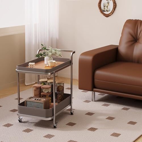 Mesa Auxiliar Rodante Estructura de Acero Inoxidable Carro de Almacenamiento Extraíble Mesa Auxiliar con Bandeja de Cuero Extraíble con Ruedas Bloqueables para Salón, Dormitorio(Brown)