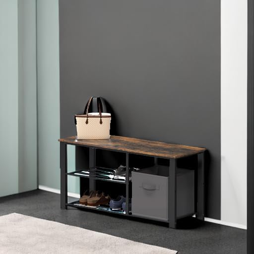 Miniatura 6 de Simple Houseware Banco de zapatos de 2 niveles con parte superior de madera y contenedores de almacenamiento, marrón rústico