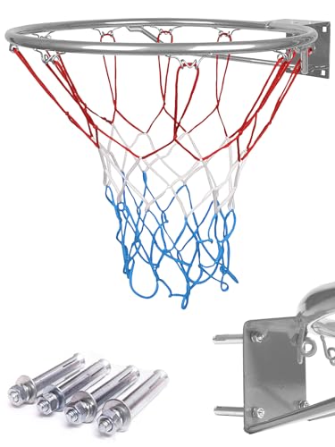 molti Basketballkorb Ř 45 cm / 37cm HangRing Basketball Basketballring mit Netz und Befestigungsschrauben Outdoor + 4 Befestigungsschrauben (Silber, 45cm)