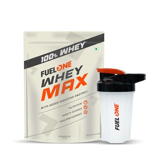 Image of FUELONE Whey Max (Chocolate, 1kg / 2.2lbs) with Shaker (Black, 500ml) | Whey Protein Concentrate & Whey Protein Isolate | 27g Protein | Combo Pack