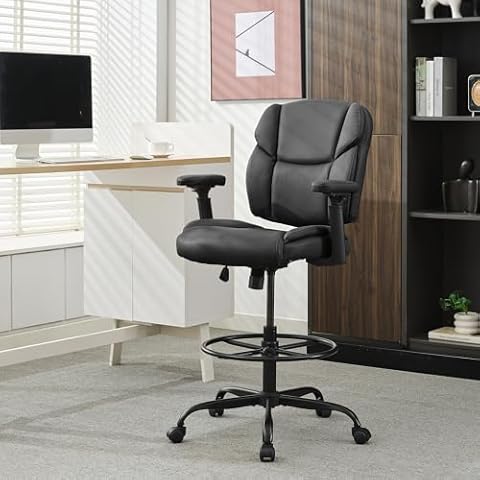 Okeysen Drafting Chair Standing Desk Chair, 500 LBS Leather Big and Tall Office Chair with Adjustable Armrests & Foot Ring, Modern Tall Desk Chair with Mid Back, Swivel Rolling Drafting Stool. Cover