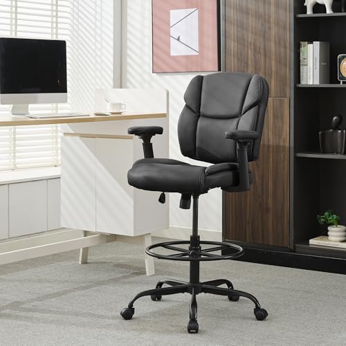 Okeysen Drafting Chair Standing Desk Chair, 500 LBS Leather Big and Tall Office Chair with Adjustable Armrests & Foot Ring, Modern Tall Desk Chair with Mid Back, Swivel Rolling Drafting Stool.