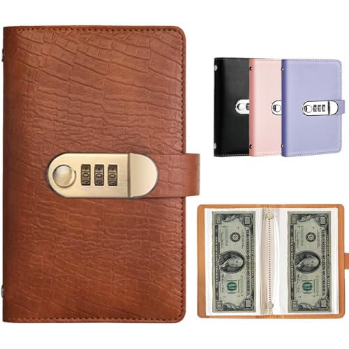 100 Pockets Currency Album with Password Lock Top Grade PU Leather Banknote Collection Book Binder World Paper Money Holders Sleeves for Collector Dollar Bill Cash Storage Collecting Supplies, Brown