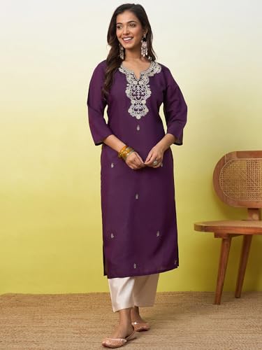 Image of Women's Embroidered Silk Straight Kurta Kurti | Below Knee Kurtas for Women Traditional Indian Wear Outfit Suitable Casual Festive Office Styling