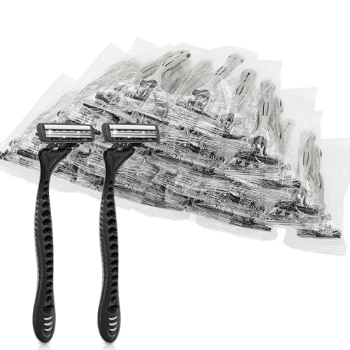(100 Count) Kheoxusa 3 Blade Disposable Razors,Three Blade Disposable Razors,Triple Blade Disposable Razors,Disposable Razors Individually Wrapped,Disposable Razors for Airbnb,Travel,Tattoo-Grey Black