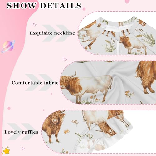 Highland Cattle Grass Girls Long Sleeve Swimsuit Rash Guard One Piece Bathing Suits Zipper 3-12T4