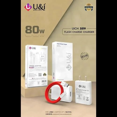 Image of U&i 80W Superfast Charger with Type-C Data Cable, Flash Charge, Short Circuit Protection, Temperature Protection, Undervoltage Protection, White