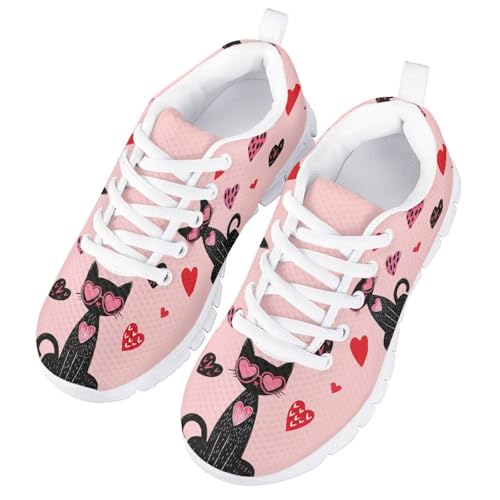Yzaoxia Black Cat Athletic Running Shoes for Girls Size 4 Love Hearts Tennis Shoes Kids Sneakers Mesh Walking Sneaker Sport Footwear Non Slip Trainers Pink