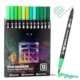 ZSCM Green Duo Tip Marker Pens, 12 Pack Fine & Brush Markers for Adult Coloring Books No Bleeding, Nature Green Markers for Foliage, Landscape Drawings, Botanical Illustrations and Eco Designs